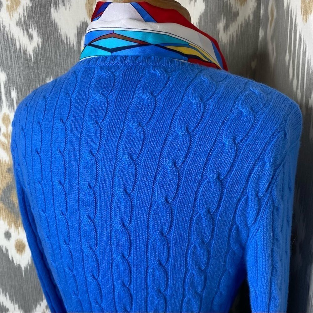 Ralph Lauren Blue Cashmere Mitered Cable Knit V-Neck Long Sleeve Sweater - Picture 14 of 16